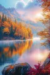 Poster - Mountain landscape with lake and trees