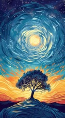 swirling lines starry night inspired sky abstract illustration poster background