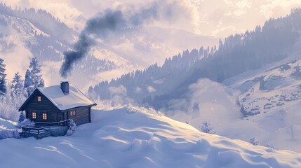 Poster - Cozy Cabin in Snowy Mountains