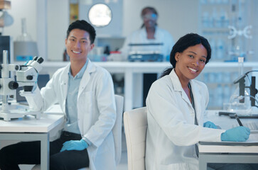 Aufkleber - Portrait, smile and team in laboratory for science, healthcare scientific findings at microscope. Scientists, happy and tech in research facility for microbiology, vaccine development and chemistry