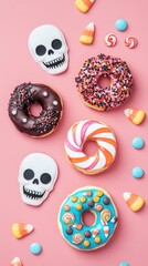 Wall Mural - Halloween Donuts with Candy on Pink Background.