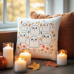 Canvas Print - Cozy Autumn Decor with Ghost Pillow and Candles.