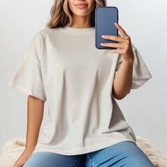 Wall Mural - Beautiful long hair young woman in gray blue plain tshirt holding mobile phone in her hand and taking a selfie. Female model in oversized shirt mock up. Blank normal casual shirt mock up