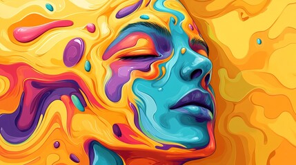 Wall Mural - A vibrant abstract portrait of a serene person with colorful swirls