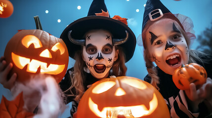 Two children dressed as spooky characters enthusiastically display their creatively carved pumpkins during a festive Halloween celebration under the night sky