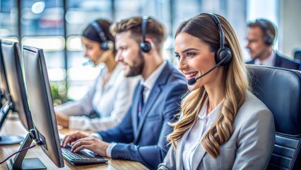 Canvas Print - woman attending headset call center.