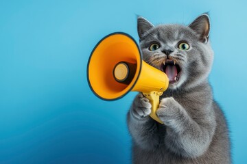 Funny grey cat screams with a yellow loudspeaker on a blue background, creative idea. Fun pet kitten speaks into a megaphone. with generaive ai