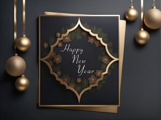 New Year card, Picture an exquisite new year flyer, lettering Happy New Year, sharp focus, studio photo, black and gold vector Illustration, greeting