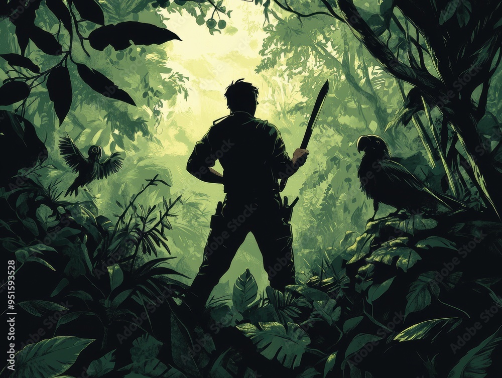 Adventurer in Dense Jungle with Parrots and Machete, Exploring Lush ...