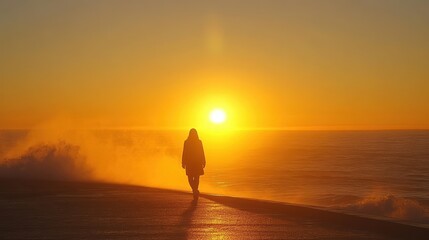 Silhouette of a person walking along the shoreline at sunset, with the ocean and sky in soft golden hues