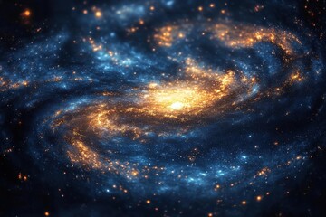 Galaxy, swirling galaxies and stars in space, with deep blue tones and gold highlights. Dreamy. Fantasy