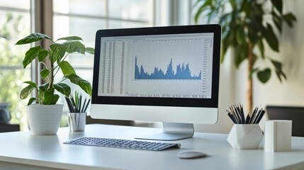 Data-Driven Workspace: A pristine white desk featuring a computer displaying intricate financial charts, embodying the essence of modern business analysis in a bright, airy office setting. 