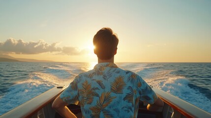 Young man enjoys sunset from yacht, arms open, Hawaiian shirt, summer vacation travel concept