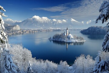 Wall Mural - A breathtaking winter landscape with snow-covered mountains and a serene lake. A charming island with a church stands in the center. Peaceful and picturesque. Generative AI