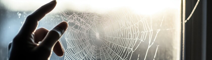 Hand Reaching Towards Spider Web on Window with Sunlight Shining Through in the Morning