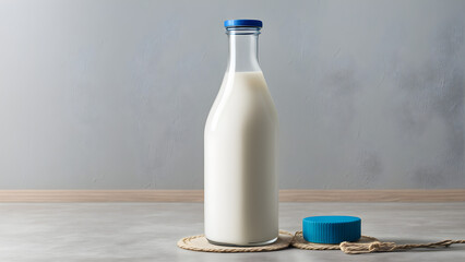 A bottle of fresh milk in front of the white wall, showcasing products, fresh produce, and health products