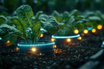 Poster - Illuminated Plant with LED Lights in a Garden Setting