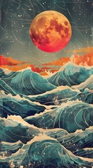 Wall Mural - waves at the beach and sunrise illustration poster background