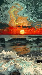 Wall Mural - waves at the beach and sunrise illustration poster background