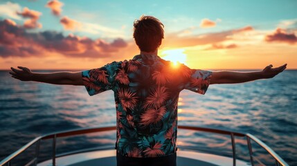 Young man enjoys sunset from yacht, arms open, Hawaiian shirt, summer vacation travel concept