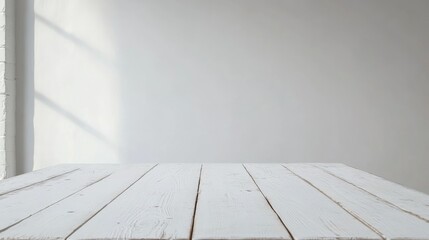 Wall Mural - Empty wooden white table over white wall background