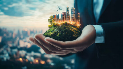 Businessman hand holding building model over blurred cityscape background, real estate concept