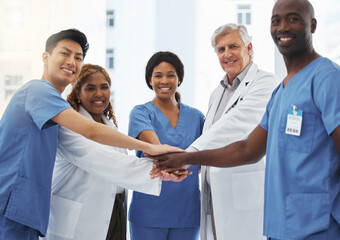 Poster - Portrait, doctors or hands of nurses in stack in meeting for healthcare job, targets or hospital goals. About us, smile or group of happy medical teamwork with support, people or staff mission