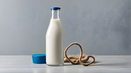 A bottle of fresh milk in front of the white wall, showcasing products, fresh produce, and health products