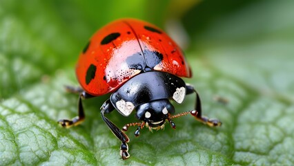 Canvas Print - A close-up of a ladybug with black spots on its red shell, perched on a green leaf.