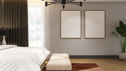 Wall Mural - 3d render of interior design modern classic bedroom with  window and frame mockup. Wood parquet floor, gray wallpaper panel and white ceiling. Set 24