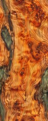 Poster - Close-up of intricate and colorful wood grain texture with rich orange and green hues, perfect for backgrounds or design projects.