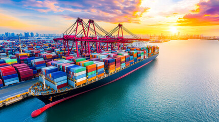 Container ship carrying container boxes import export dock with quay crane. Business commercial trade global cargo freight shipping logistic and transportation worldwide oversea concept. Generative AI