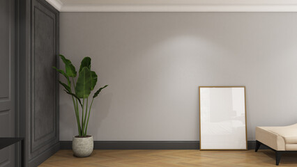 Wall Mural - 3d render of interior design modern classic bedroom with  wall panel and frame mockup . Wood parquet floor, gray wallpaper panel and white ceiling. Set 29