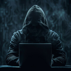 darkened hacker person hidden behind a dark hood and sitting at a laptop