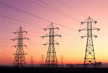 Wall Mural - Bucheon-si, Gyeonggi-do, South Korea - July 11, 2006: Low angle and sunrise view of high voltage line and transmission tower on rice paddy against sky with red glow