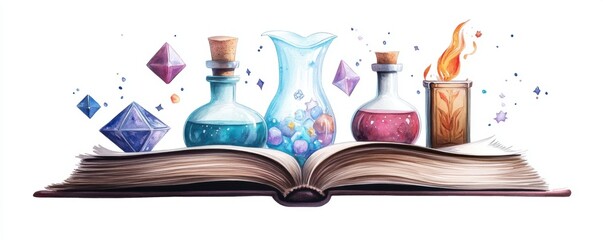 Wall Mural - An open witch’s potion book featuring pages adorned with magical symbols, set against a white background in watercolor style.