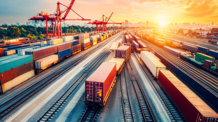 Wall Mural - Dynamic Transportation Hub with Airplane Overhead and Cargo Containers on Railway Tracks at Sunset