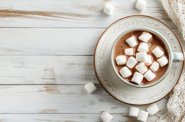 Sticker - Hot Chocolate with Marshmallows on White Wooden Background