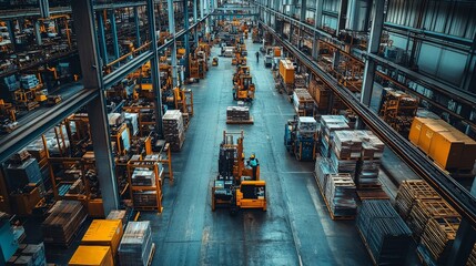 Industrial Warehouse: A high-angle view captures the bustling activity within a vast industrial warehouse, showcasing rows of stacked pallets, forklifts navigating the aisles, and the intricate networ