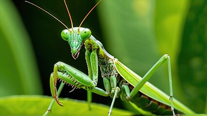A green praying mantis perches on a leaf, its large eyes staring intently at the camera.