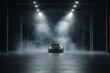 © MUdaylah - Front view dark smokey garage interior with spotlight and concrete floor, car background and empty stage concept.  with generative ai