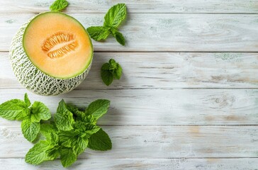 Sticker - Cantaloupe and Mint on White Wooden Background