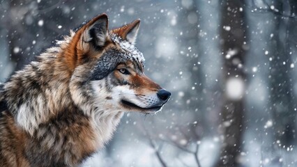  A lone wolf stands in a snowy forest, looking out at the falling snow.