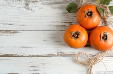 Wall Mural - Three Persimmons on a White Wooden Background