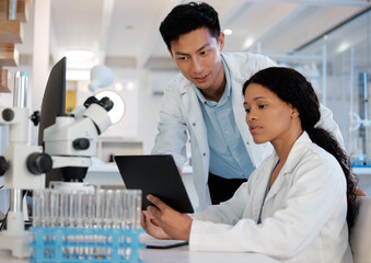 Poster - Scientist, tablet and collaboration in laboratory for research, biotechnology and telehealth development. People, teamwork and healthcare vaccine for stem cell, genes editing or microbiome innovation