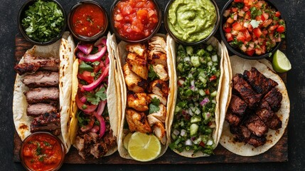 Wall Mural - Top view of a taco spread with various fillings like grilled chicken, beef, and vegetables, served with salsa and guacamole