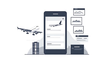 Modern Flight Booking App Interface Design on White Background with Destination Icons - Vector Illustration