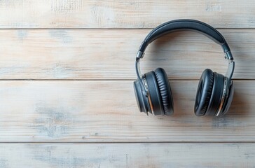 Wall Mural - Black Headphones on Wooden Background