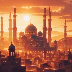 Wall Mural - Mosque under a Fiery Sky