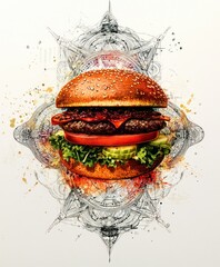 Sticker - A vibrant illustration of a hamburger with artistic elements surrounding it.